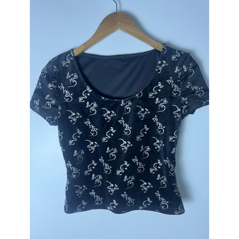 Sanjiheihua Velvet Top W Sm Black Silver Glitter Dragon Print Y2K Tee Grunge 90s